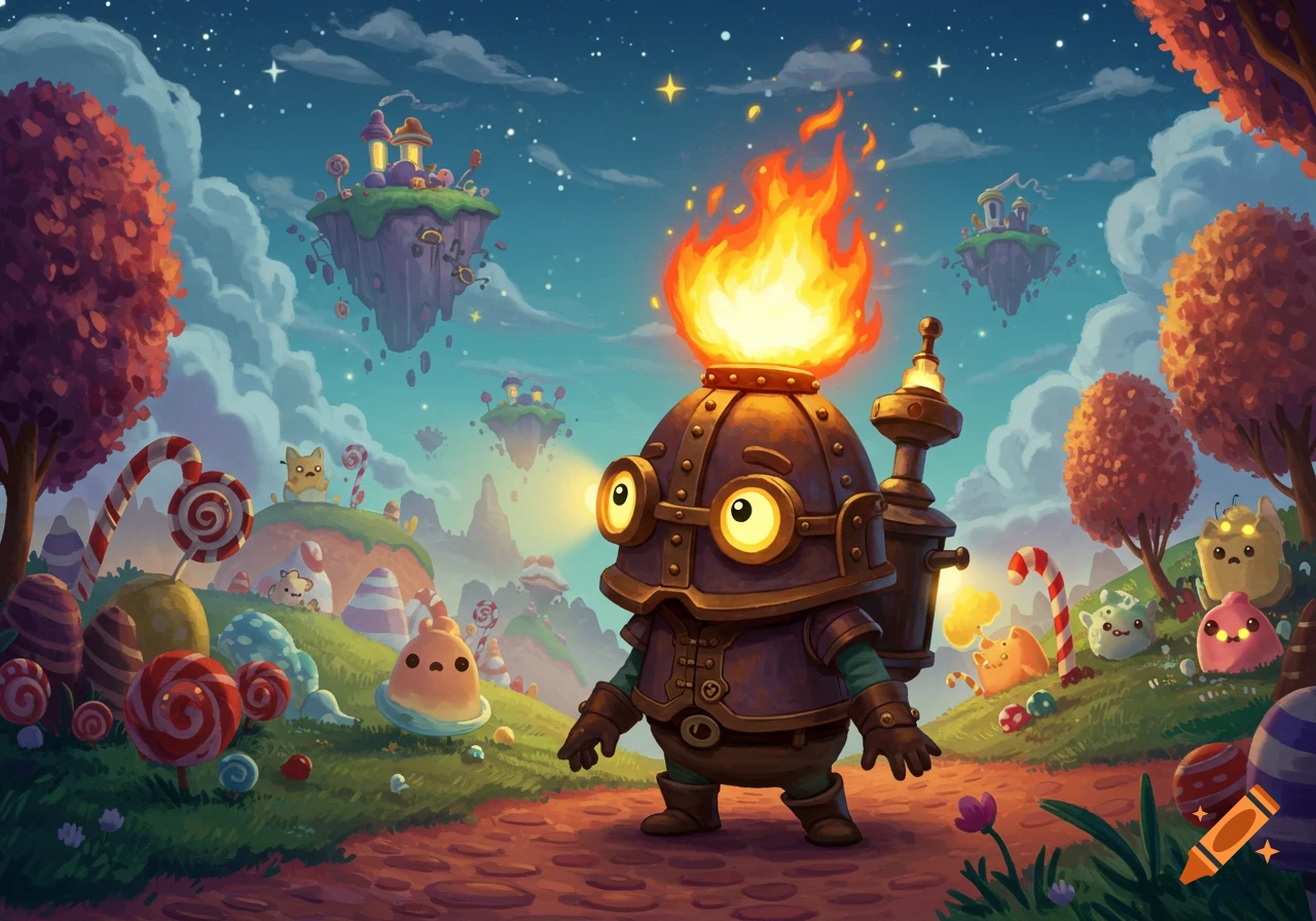 A whimsical cartoon character with a burning helmet walks through a vibrant candy land with floating islands under a starry sky.