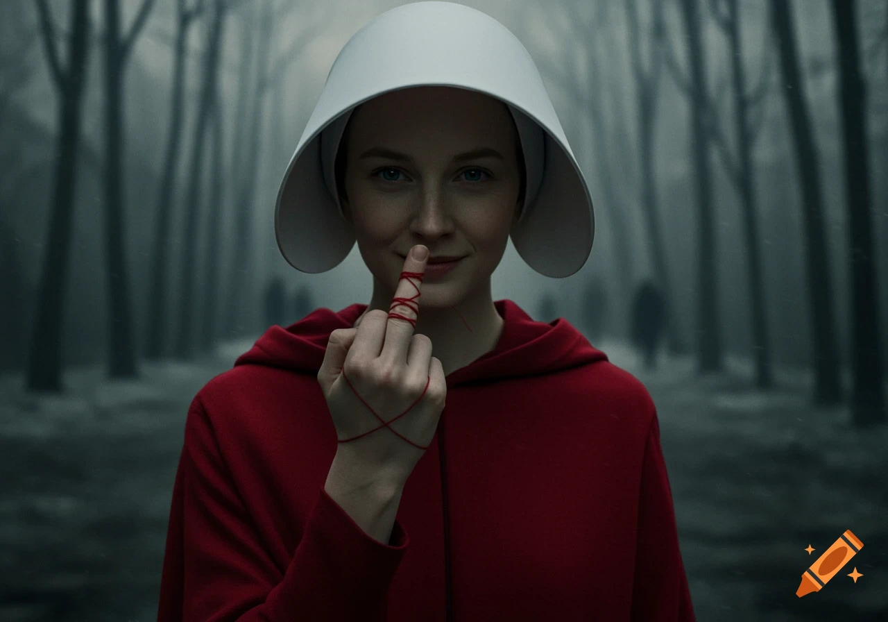 Photorealistic close-up of a woman in a red Handmaid's Tale robe and white bonnet, subtly showing a middle finger wrapped in red thread, with a dark, blurred forest background.