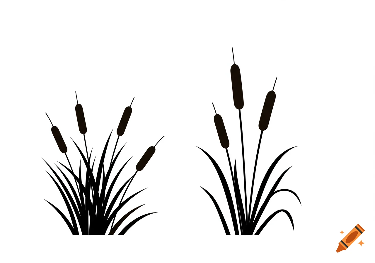 Black silhouette clipart of two clumps of cattails and reeds against a white background.