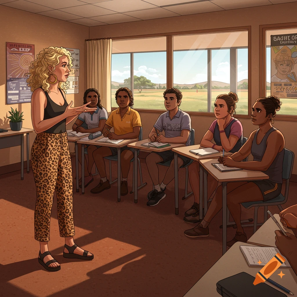 A blonde teacher in leopard print pants speaks to indigenous Australian students in a classroom, teaching about job interviews. Illustrated style.