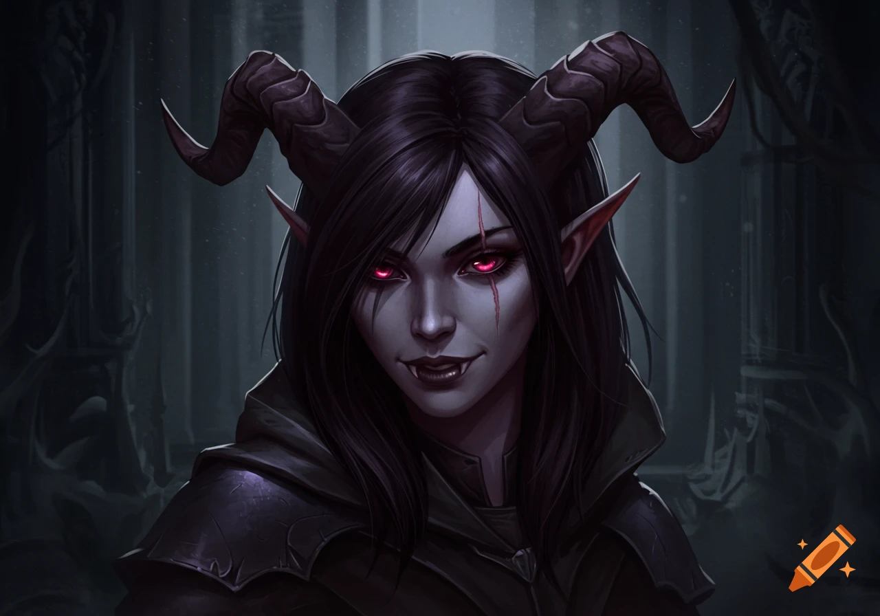 A cunning tiefling character with dark hair, pale skin, glowing red eyes, prominent horns, and a scar on her face, dressed in dark clothing.