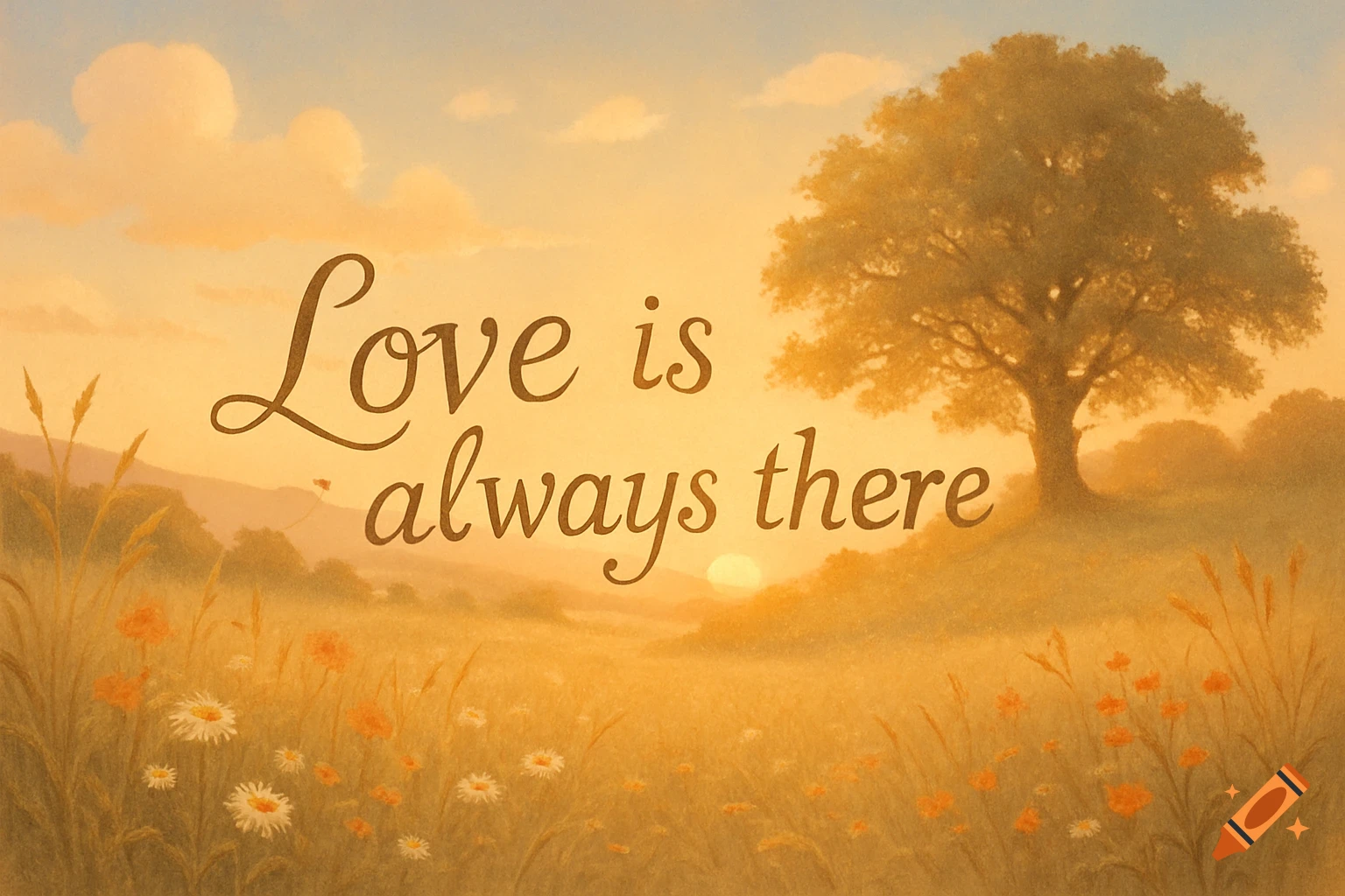 Golden hour landscape with a large tree on a hill, wildflowers in the foreground, and the text 'Love is always there'.