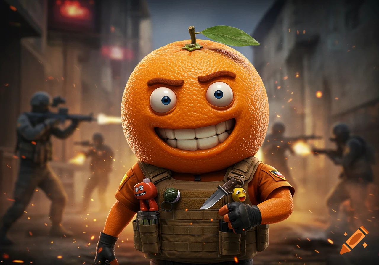 A cartoon orange character with a wide grin, wearing a tactical vest and holding a knife, stands amidst blurred soldiers and explosions in a warzone.
