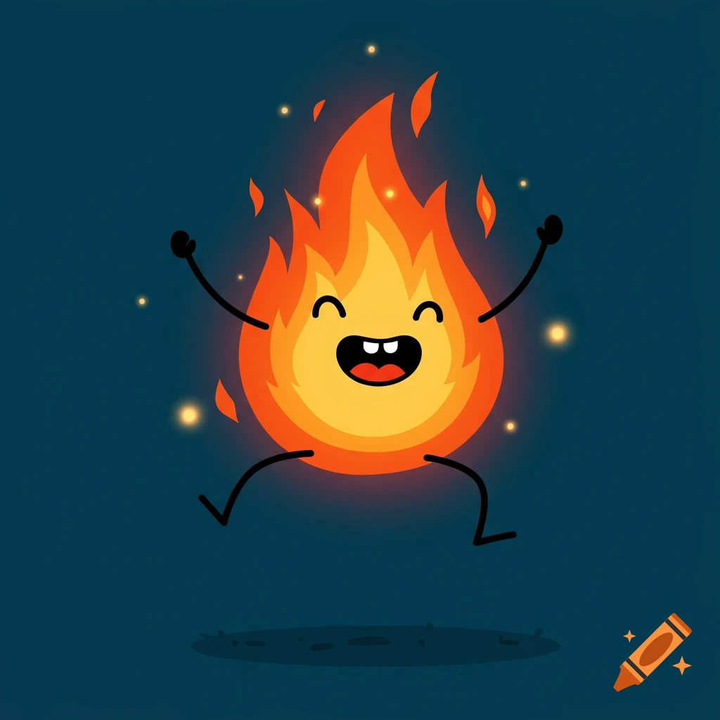A cute, happy cartoon flame character with stick limbs and a big smile, floating on a dark blue background with small sparks.