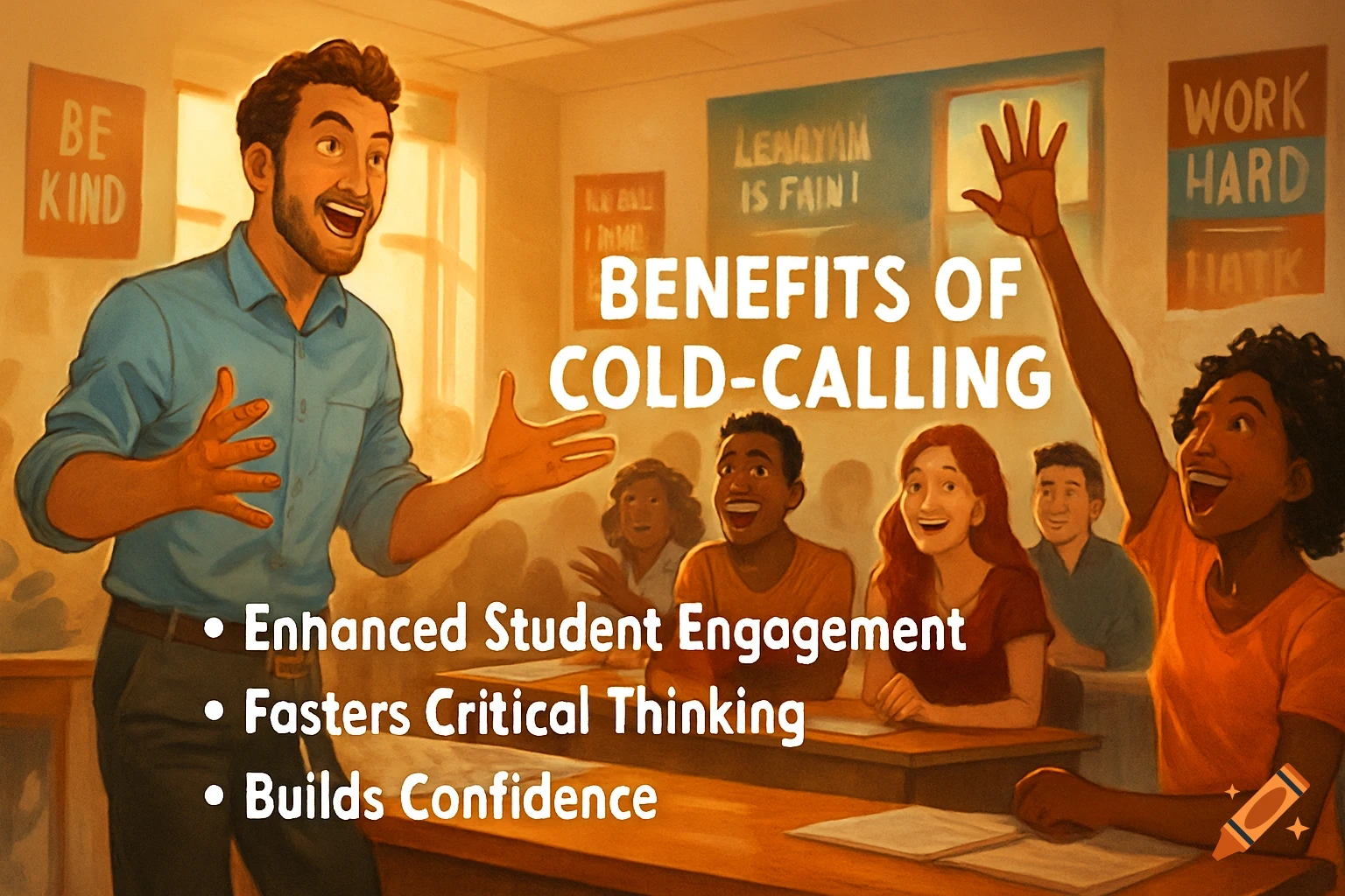 An enthusiastic teacher speaks to a diverse group of smiling students in a classroom. On the wall behind them, large text reads "BENEFITS OF COLD-CALLING" with bullet points below it.