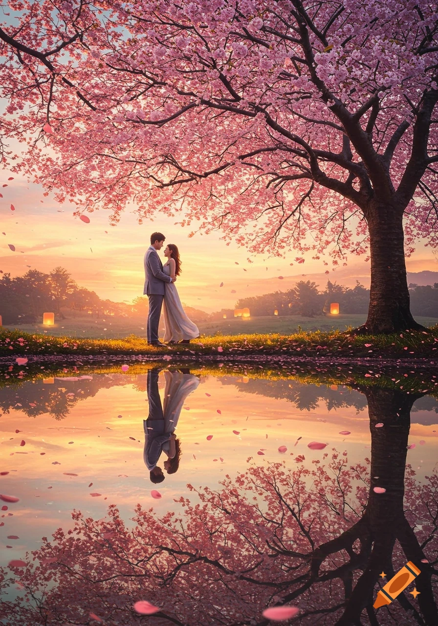 A couple embraces under a vibrant pink cherry blossom tree at sunset, reflected perfectly in still water.