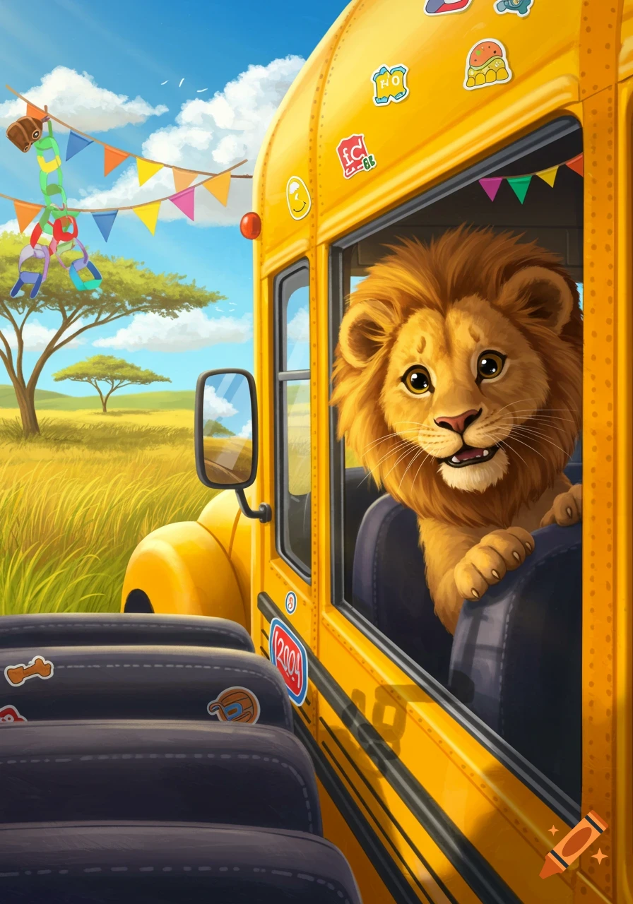 A cute cartoon lion with a fluffy mane looks out the window of a yellow school bus driving through a sunny savanna, with colorful flags strung above.