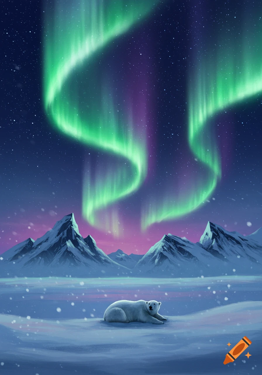 A polar bear rests on a snowy plain under a vibrant green and purple aurora borealis and snow-capped mountains at night.