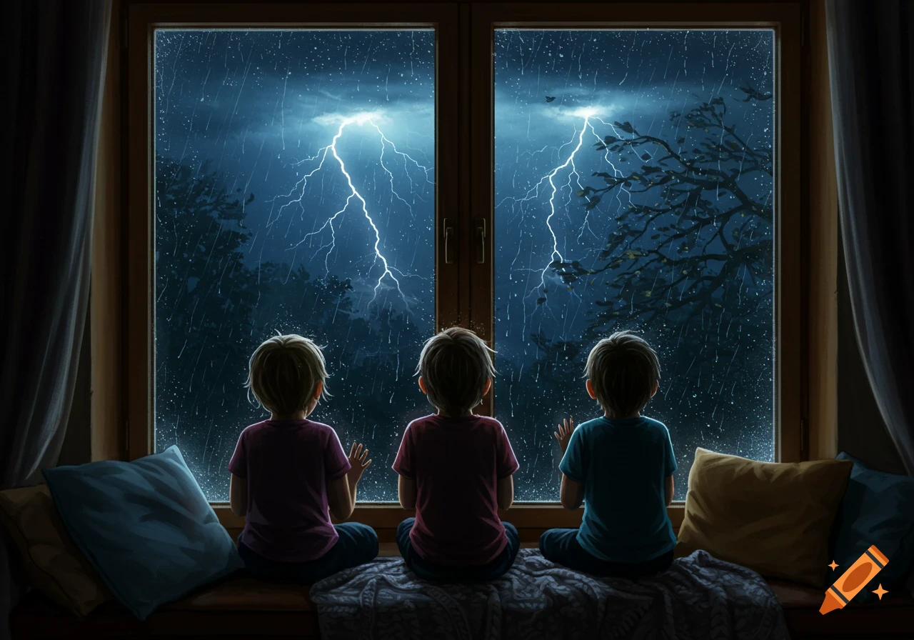 Three children sit on a window seat, their backs to the viewer, watching a lightning storm outside their window. Rain streaks down the glass.