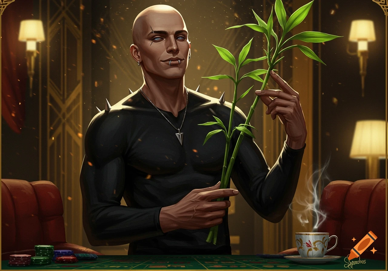 A confident bald man with piercings and spike armor rubs bamboo at a casino poker table with chips and a teacup.