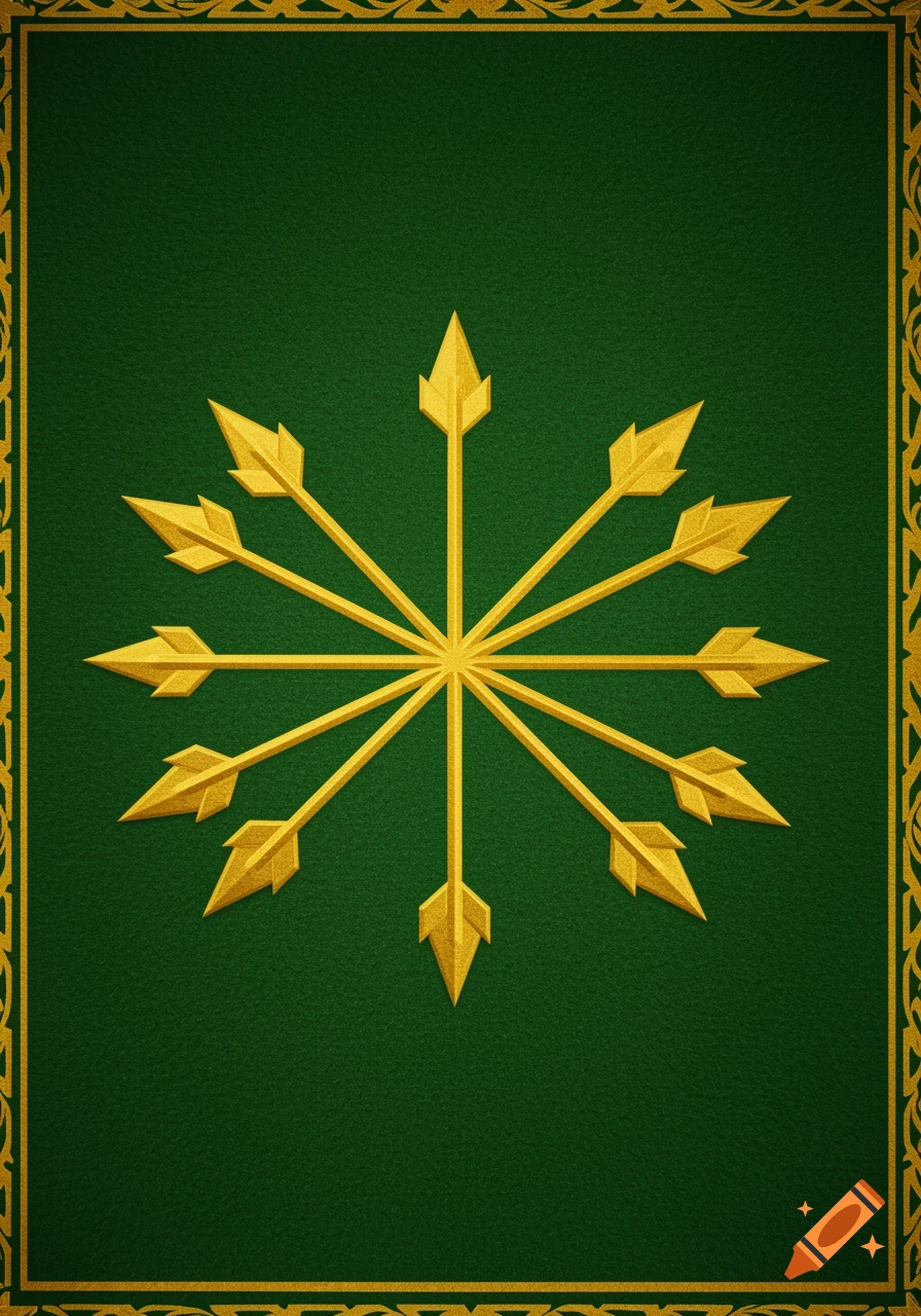 A golden emblem of 12 arrows arranged in a starburst pattern on a textured dark green background with a golden ornamental border.