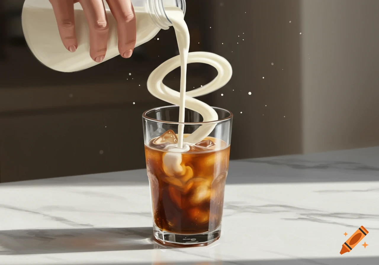 A hand pours white milk from a bottle in a spiral into a glass of iced coffee on a marble countertop.