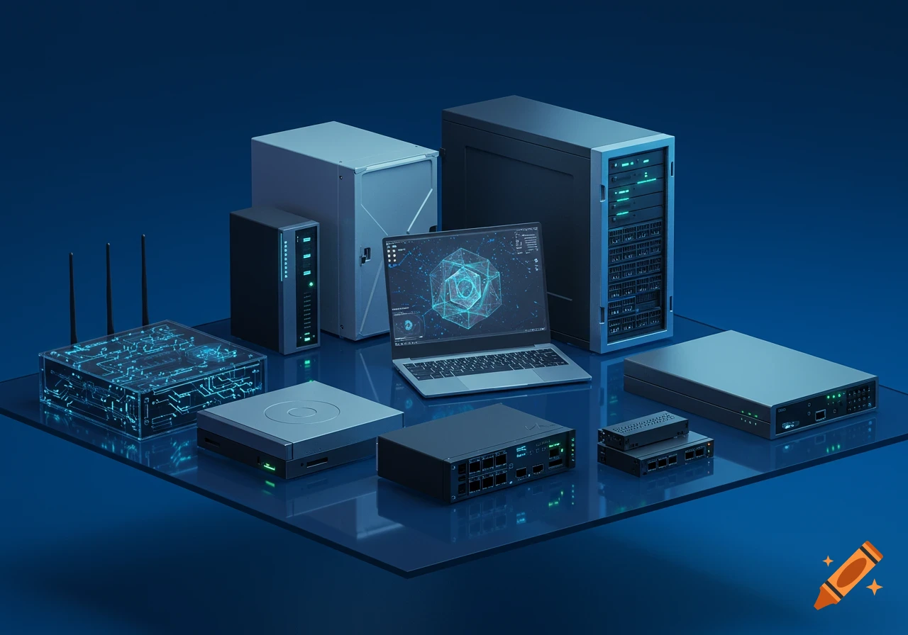 A collection of various computer hardware components including servers, a laptop, routers, and switches, arranged on a reflective blue surface.