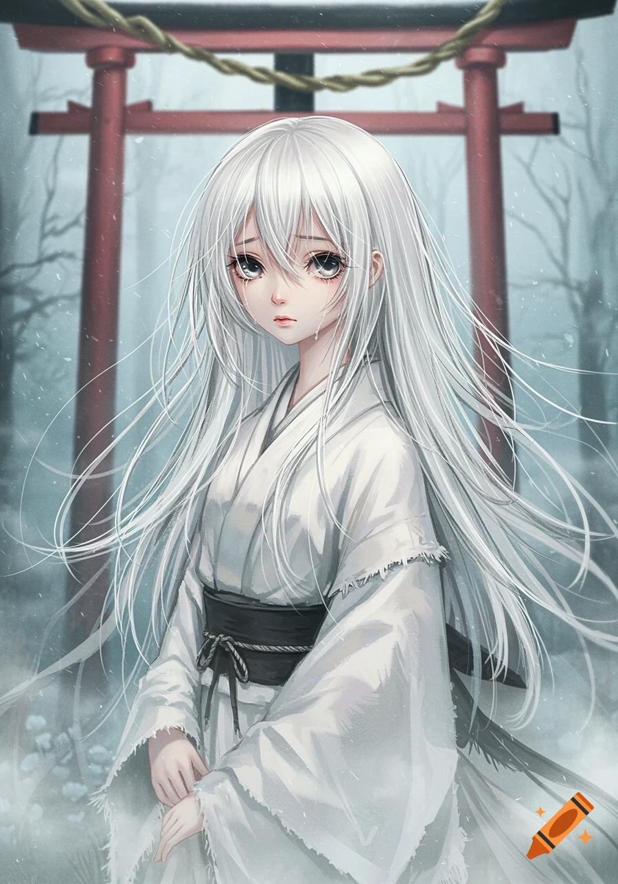 Anime girl with long white hair in a tattered white kimono, crying softly in a misty, snowy scene with a red torii gate.