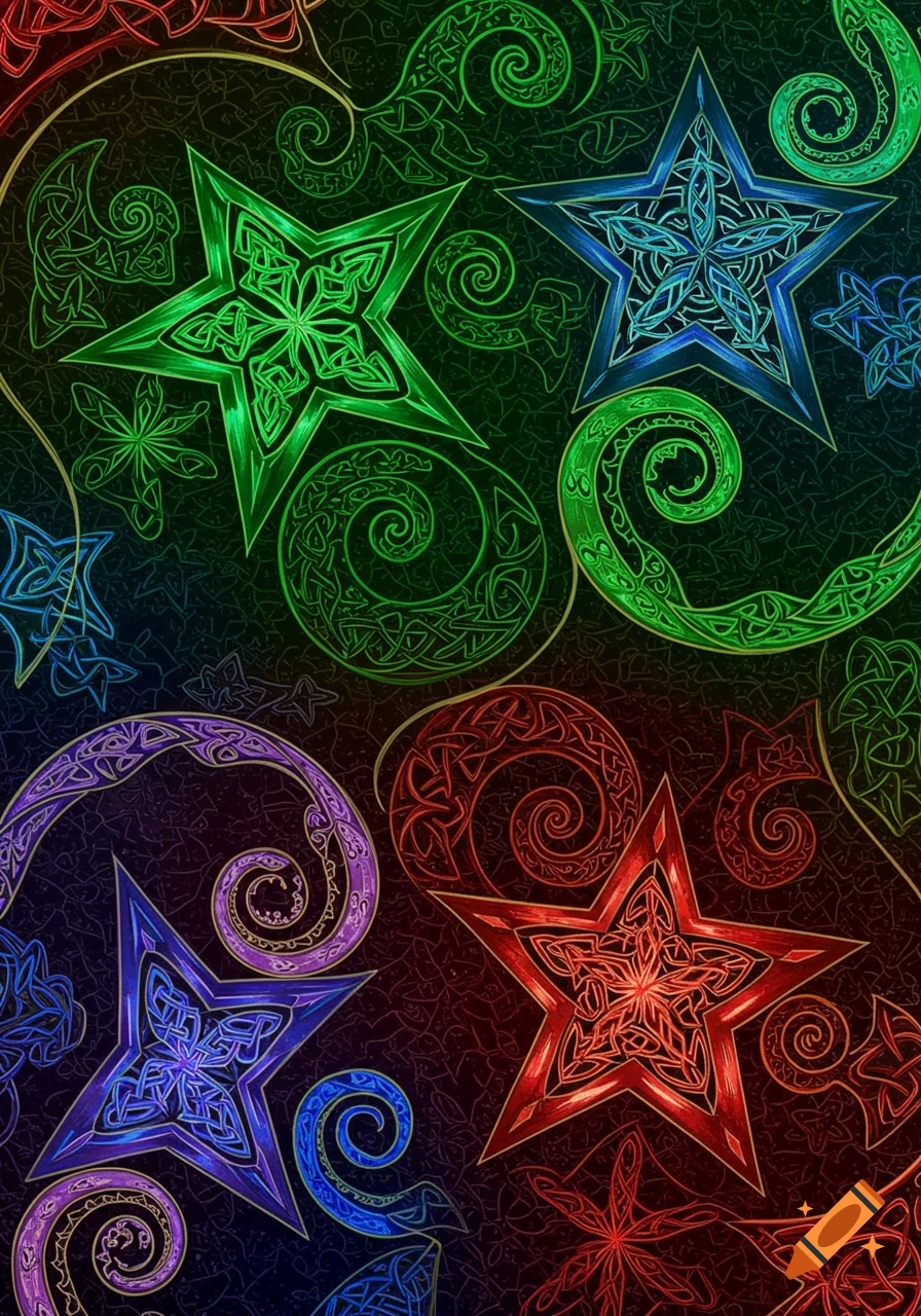 A vibrant, abstract image featuring colorful Celtic knotwork stars and swirling patterns on a dark background.