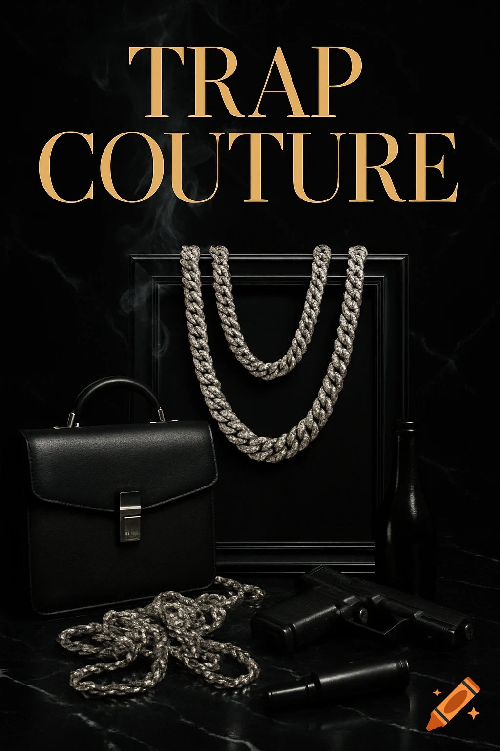 A dark, elegant still life featuring diamond-encrusted chains, a black leather briefcase, a pistol with a silencer, and a bottle on a black marble surface, with 'TRAP COUTURE' in gold text above.