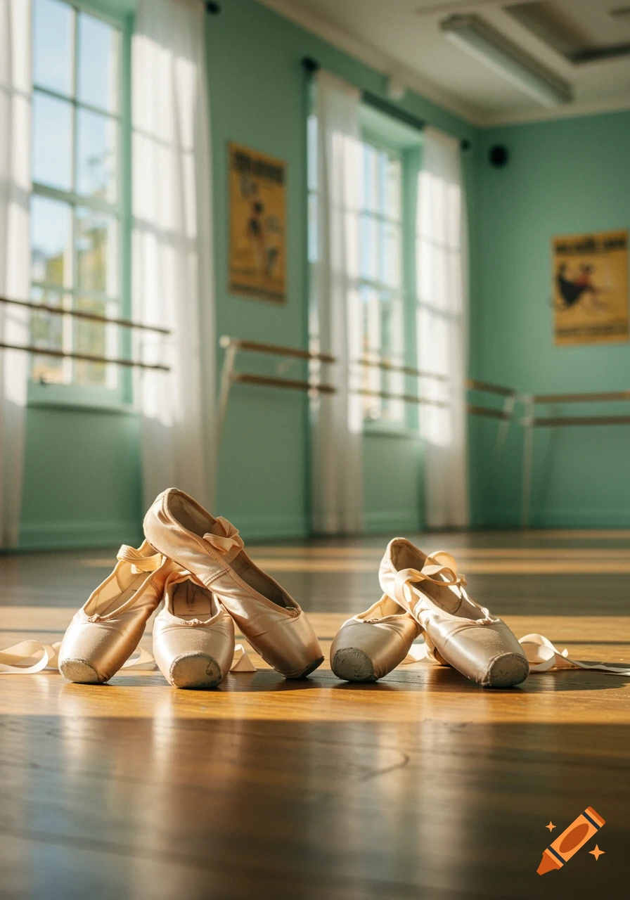 Two pairs of worn ballet shoes on a wooden floor in a sunlit dance studio with ballet barres and large windows.