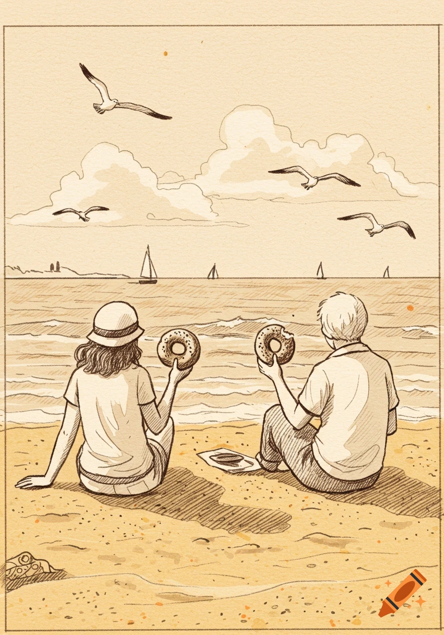 Vintage drawing of two people sitting on a sandy beach with bagels, looking out at the ocean with sailboats and gulls.