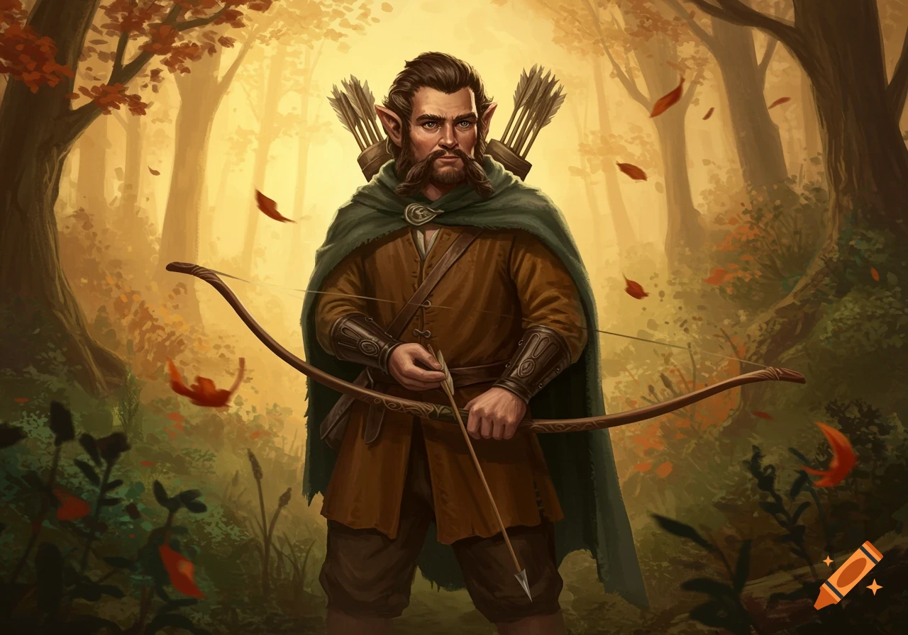 A male elf with a beard, sideburns, and pointed ears holds a longbow and arrow in an autumn forest.