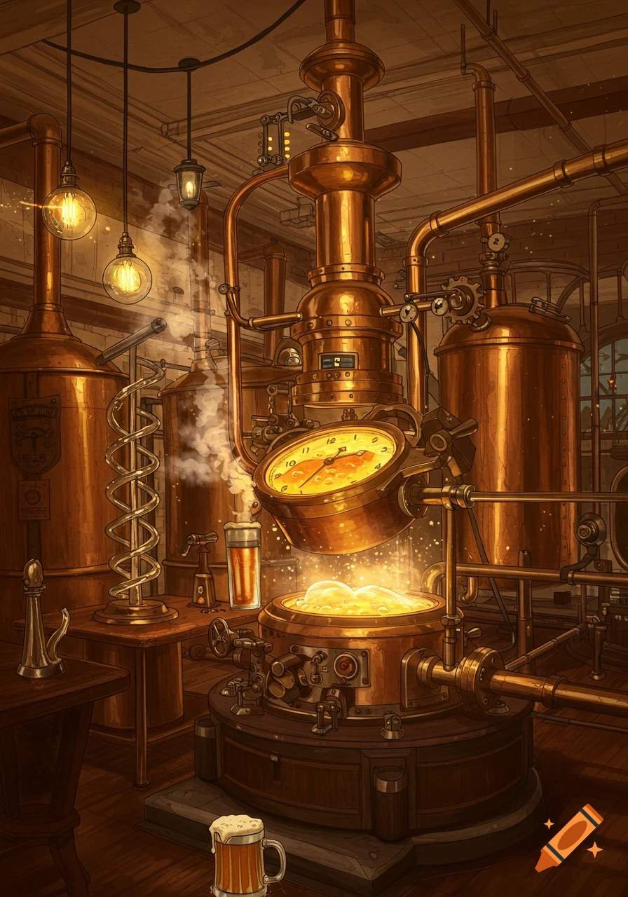 A detailed steampunk-style brewery with gleaming copper tanks, pipes, and a large clock face over a vat of bubbling golden liquid, with a frothy beer mug in the foreground.