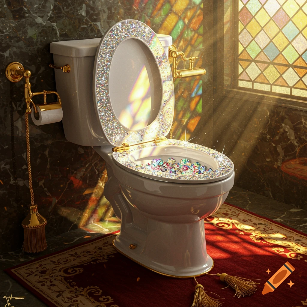 A luxurious toilet with diamond-studded seat and colorful gems in the bowl, in a bathroom with gold fixtures and a stained-glass window.
