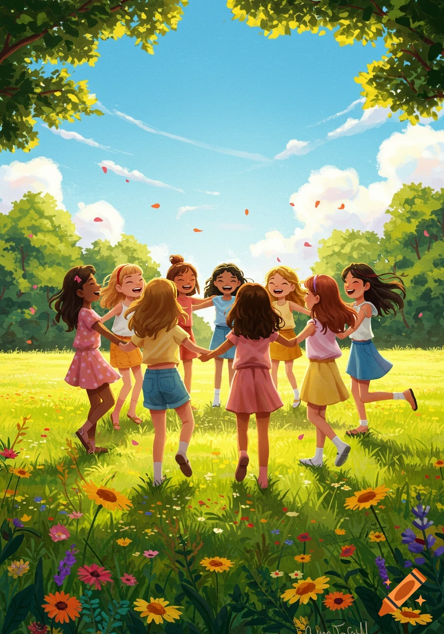 Eight joyful girls hold hands and laugh in a circle in a vibrant, sunlit meadow filled with colorful wildflowers.