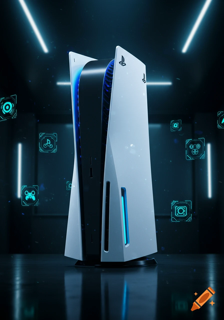 A white PlayStation 5 console stands in a dark room with glowing blue neon lights and floating holographic tech icons.