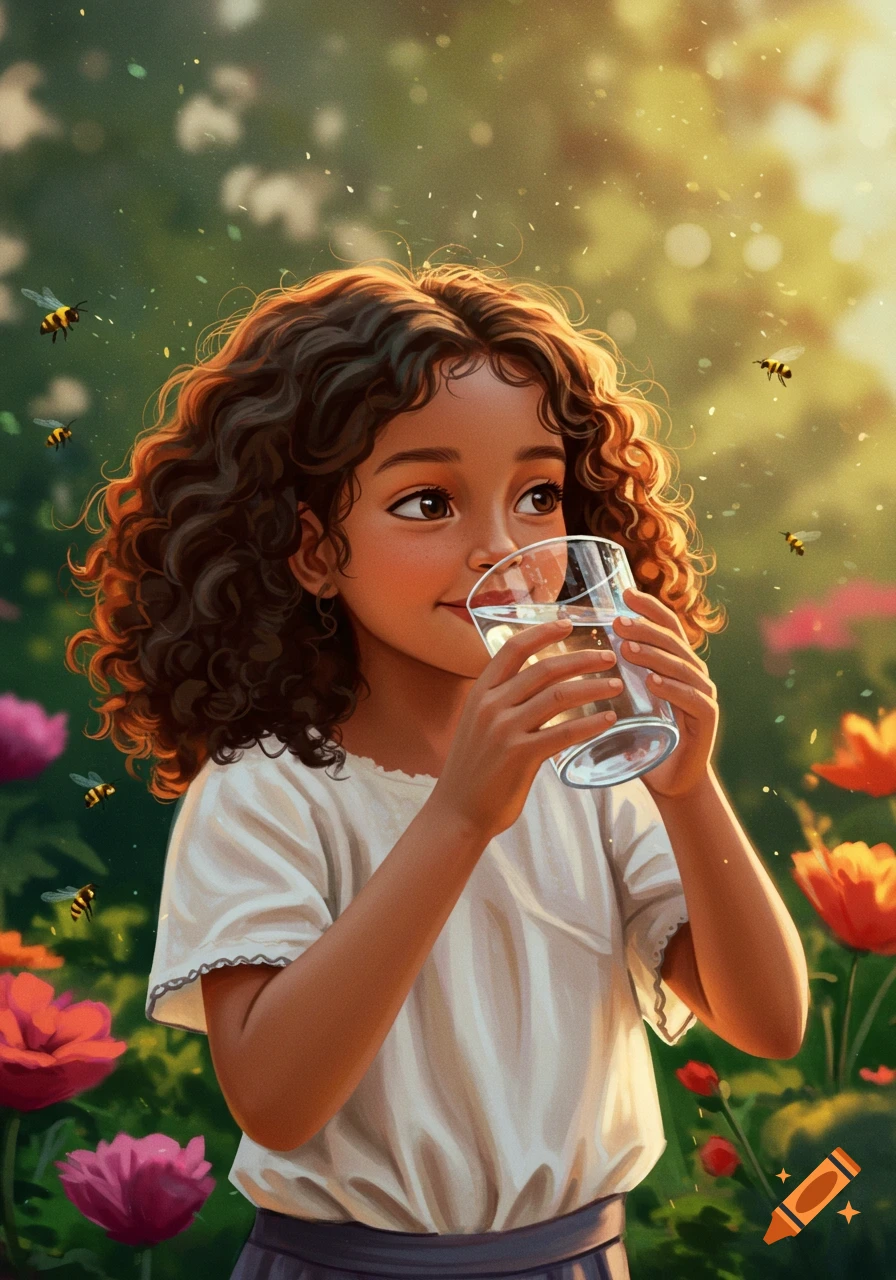 A digitally illustrated young girl with curly hair drinks water in a sunny garden with flowers and bees.
