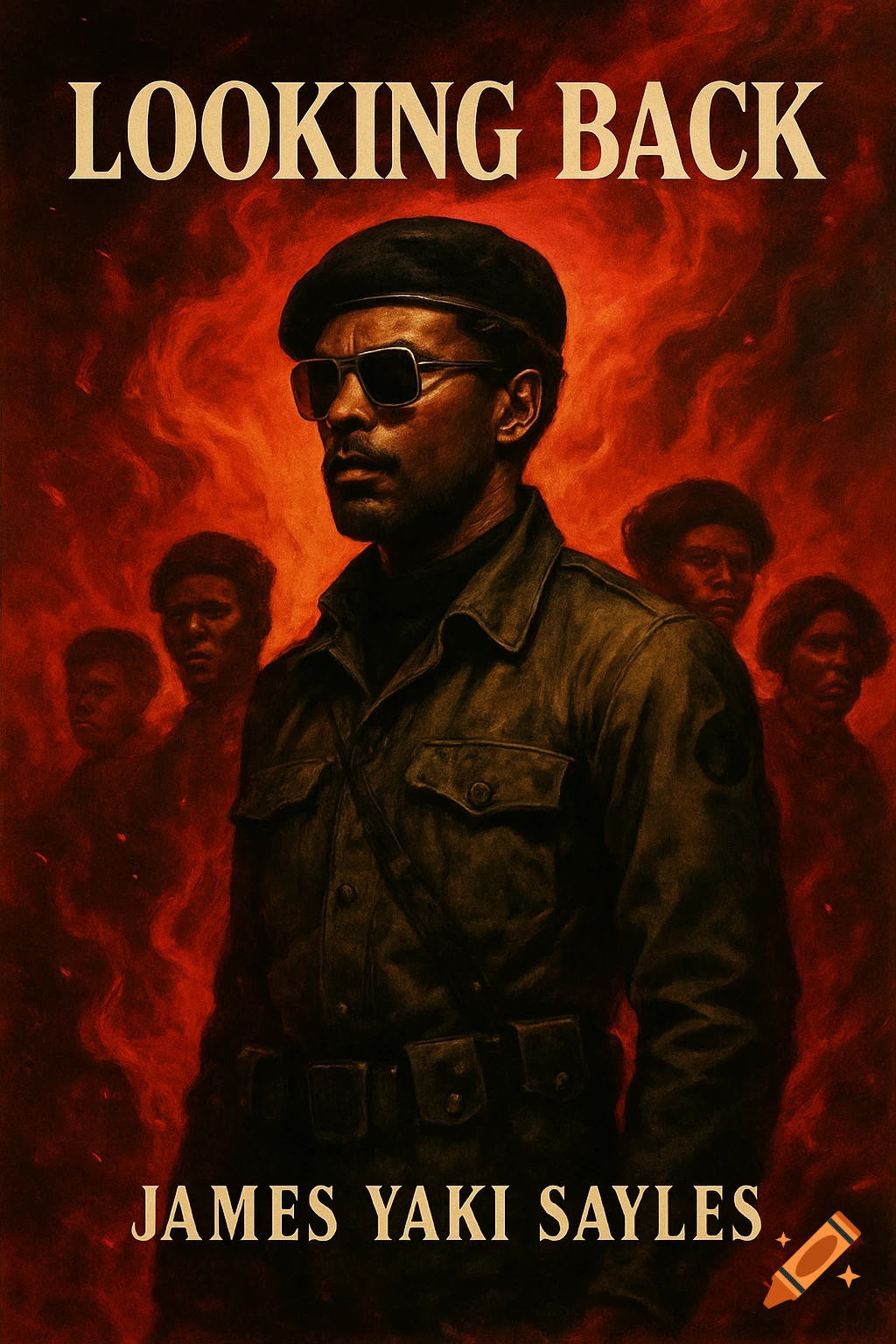 A man in a beret and military uniform wearing sunglasses stands against a fiery orange background, with blurred figures behind him. Text reads 'LOOKING BACK' and 'JAMES YAKI SAYLES'.