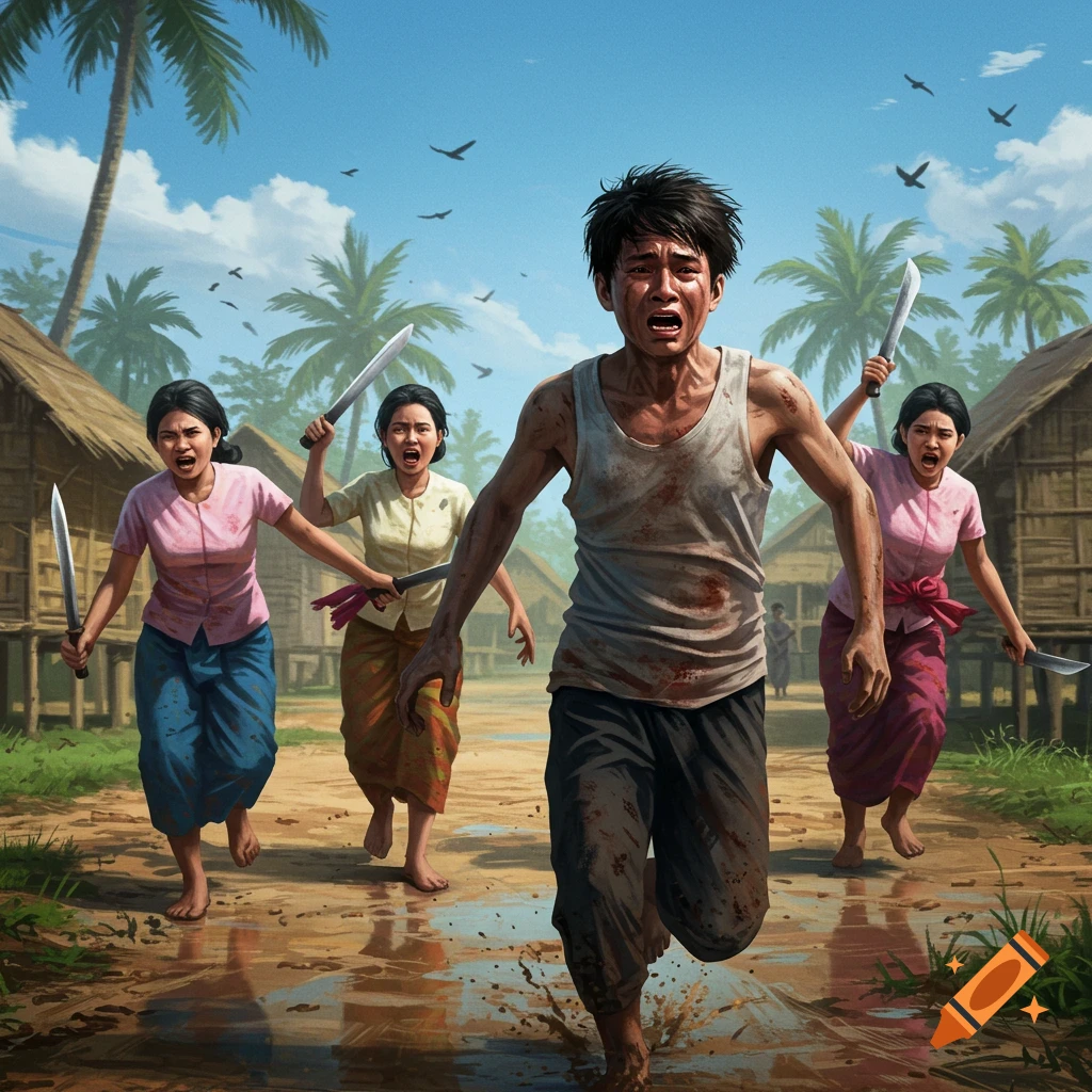 A man covered in blood runs through a muddy village street, crying out in fear, chased by three angry women wielding knives.