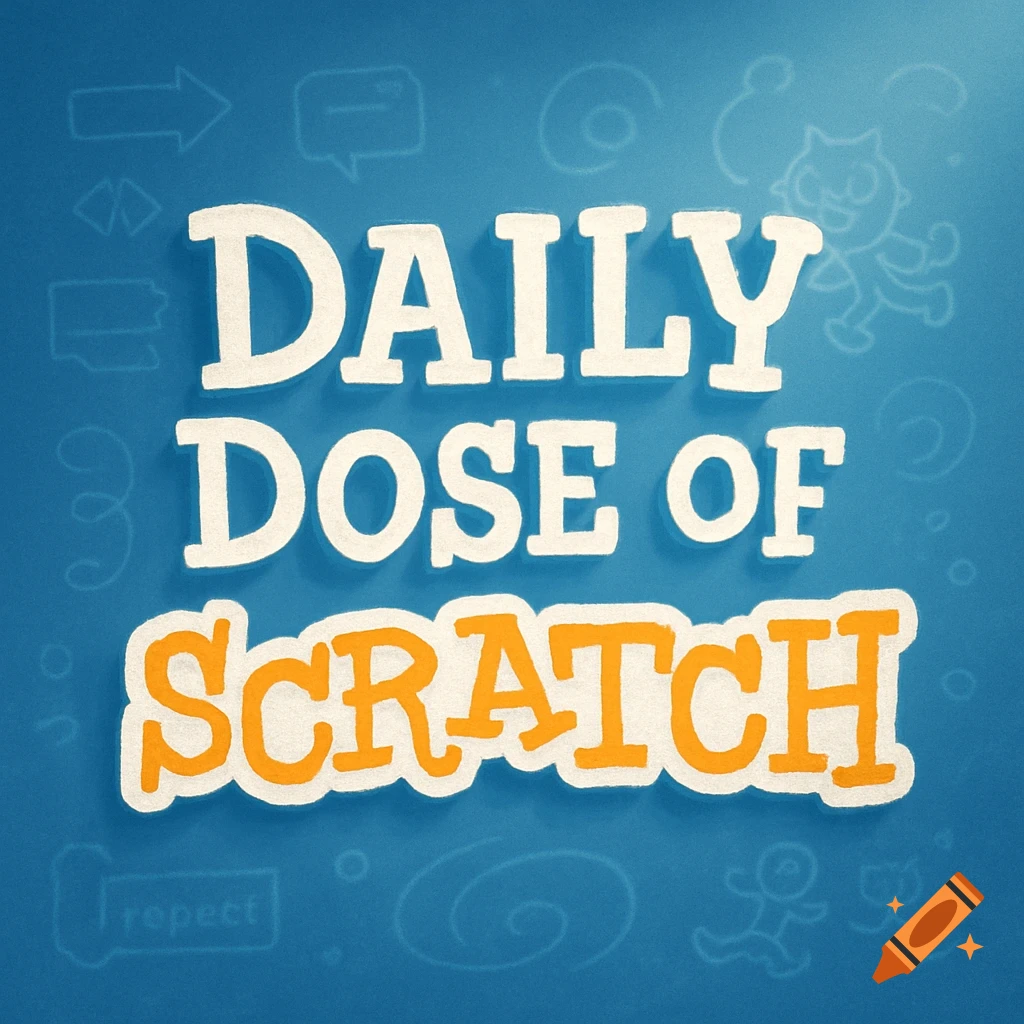 A blue background with white text 'DAILY DOSE OF' and orange text 'SCRATCH' below it, in a playful, blocky font, with faint programming-themed doodles in the background.