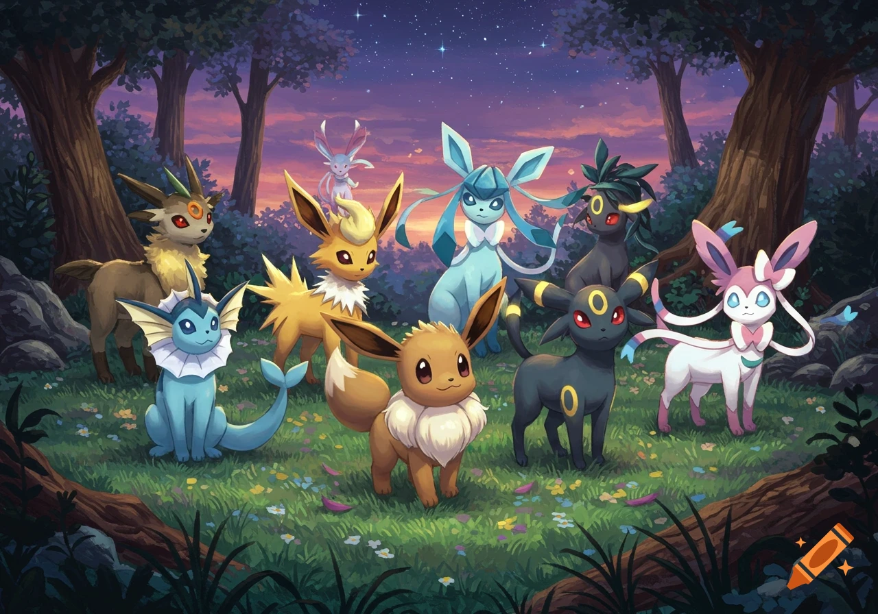 Eevee and its eight evolutions in a twilight forest under a starry sky, digital art.