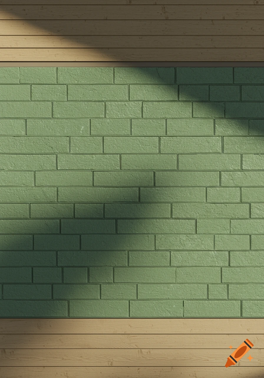 A wall with sage green painted bricks above tan wooden hardie board, with shadows.