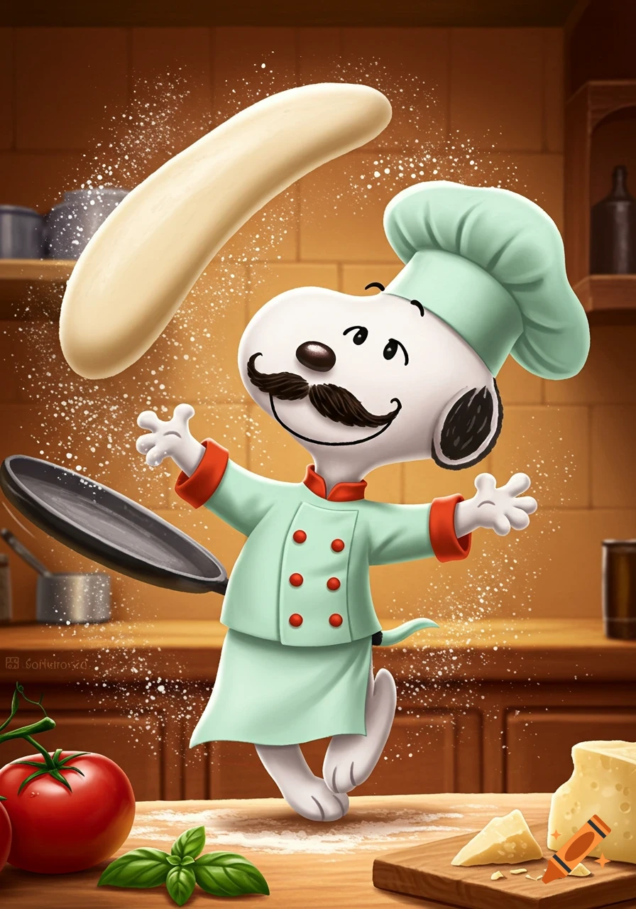 A cartoon Snoopy chef in a green coat and hat tosses pizza dough with a frying pan in a kitchen.