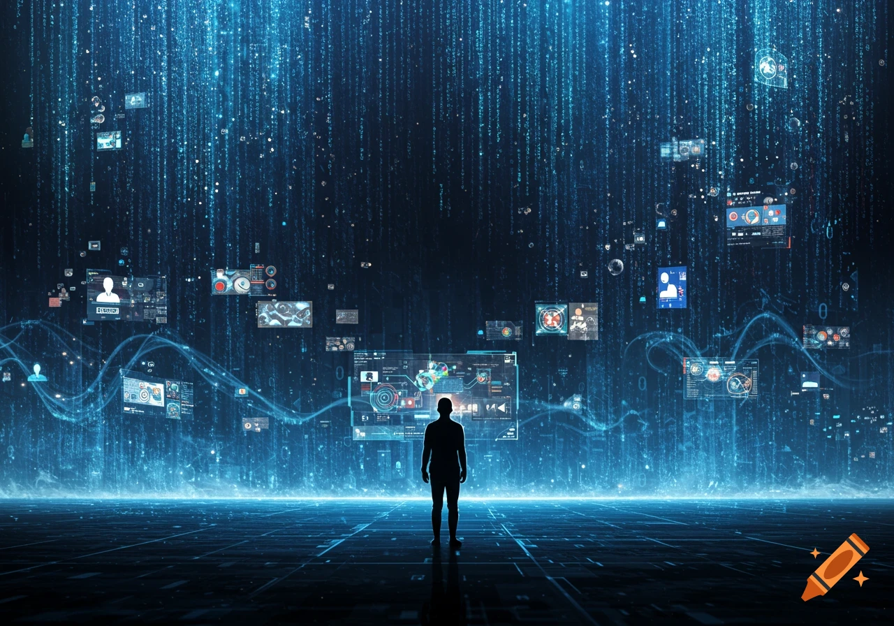 A silhouette of a person stands on a digital grid floor, looking at an immersive virtual world with glowing blue data streams and floating holographic screens.