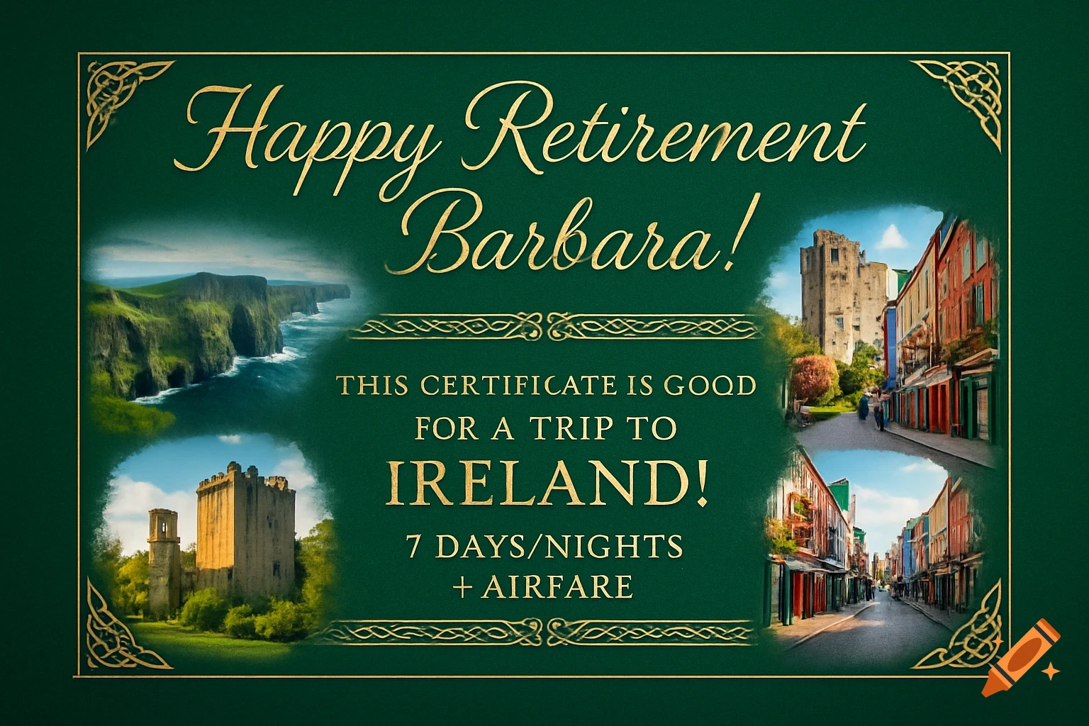 A green and gold gift certificate for a trip to Ireland, featuring images of Irish landscapes and castles.