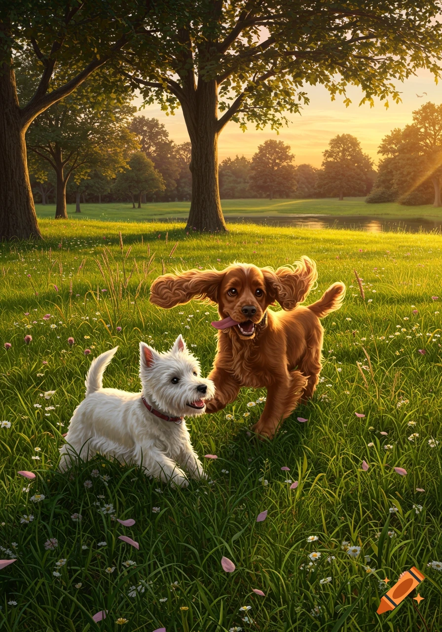 A brown Cocker Spaniel and a white Westie puppy playing in a sunlit grassy field with trees and a pond.