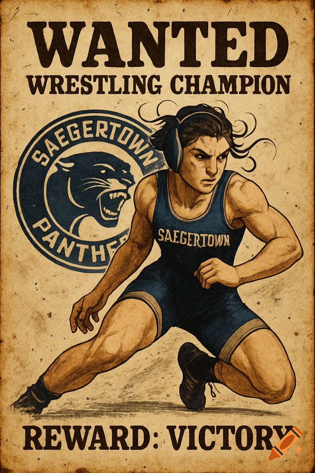A vintage-style wanted poster featuring a female wrestler in a blue singlet, with text "WANTED WRESTLING CHAMPION" and "REWARD: VICTORY". A Saegertown Panthers logo is behind her.
