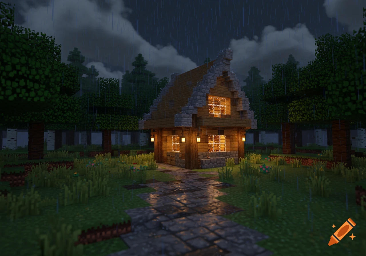 A cozy Minecraft cabin in a forest during a rainstorm, with warm light glowing from its windows and a wet stone path leading to it.
