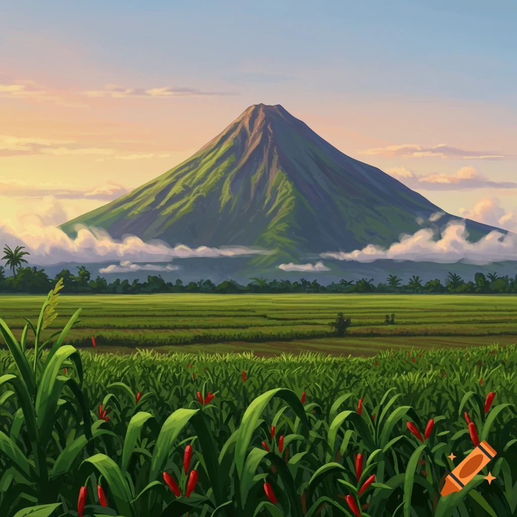 An illustration of a large green mountain over green rice fields and red chili pepper plants at sunrise.