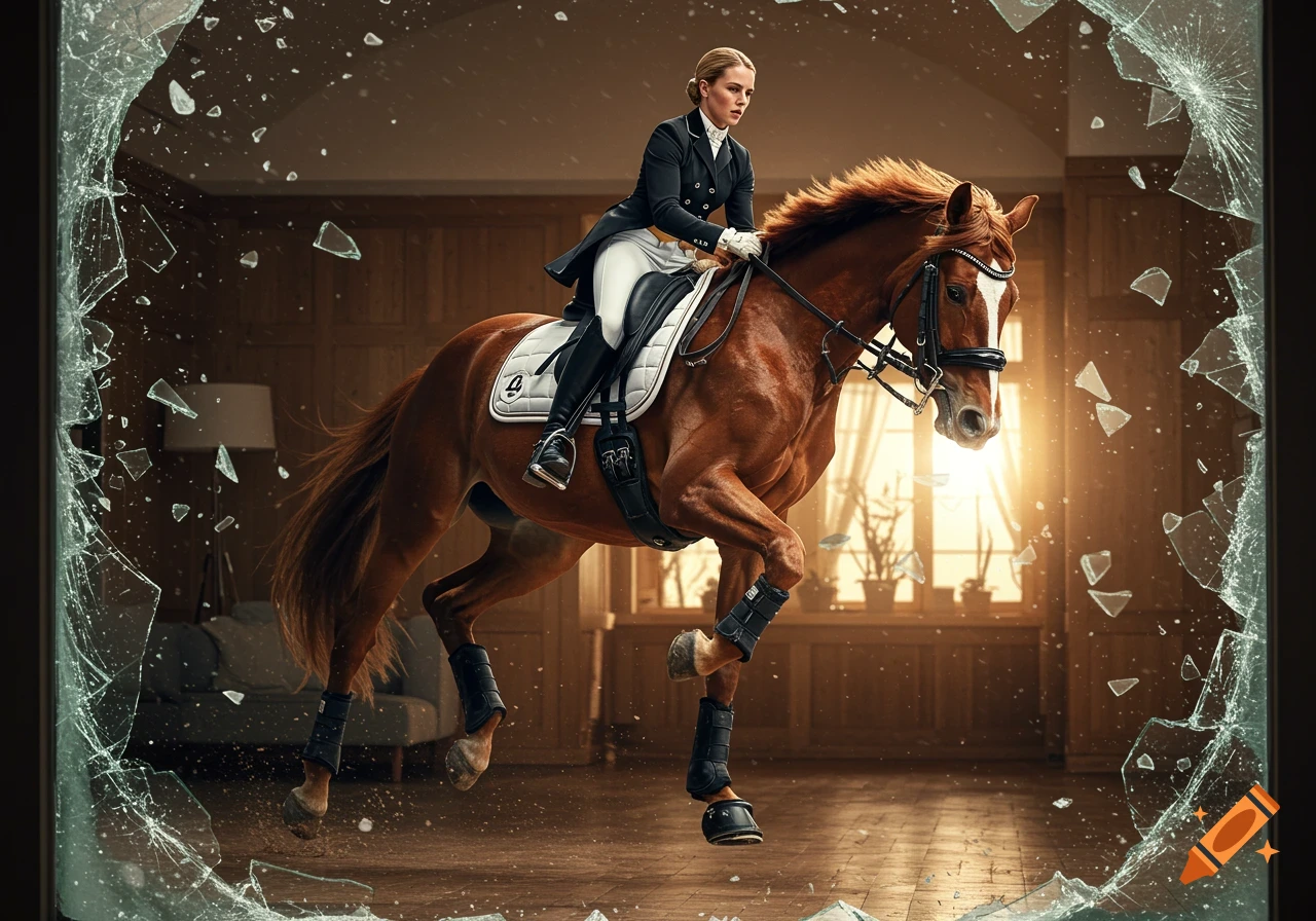 A female dressage rider on a brown horse crashes dramatically through a glass window in a living room.