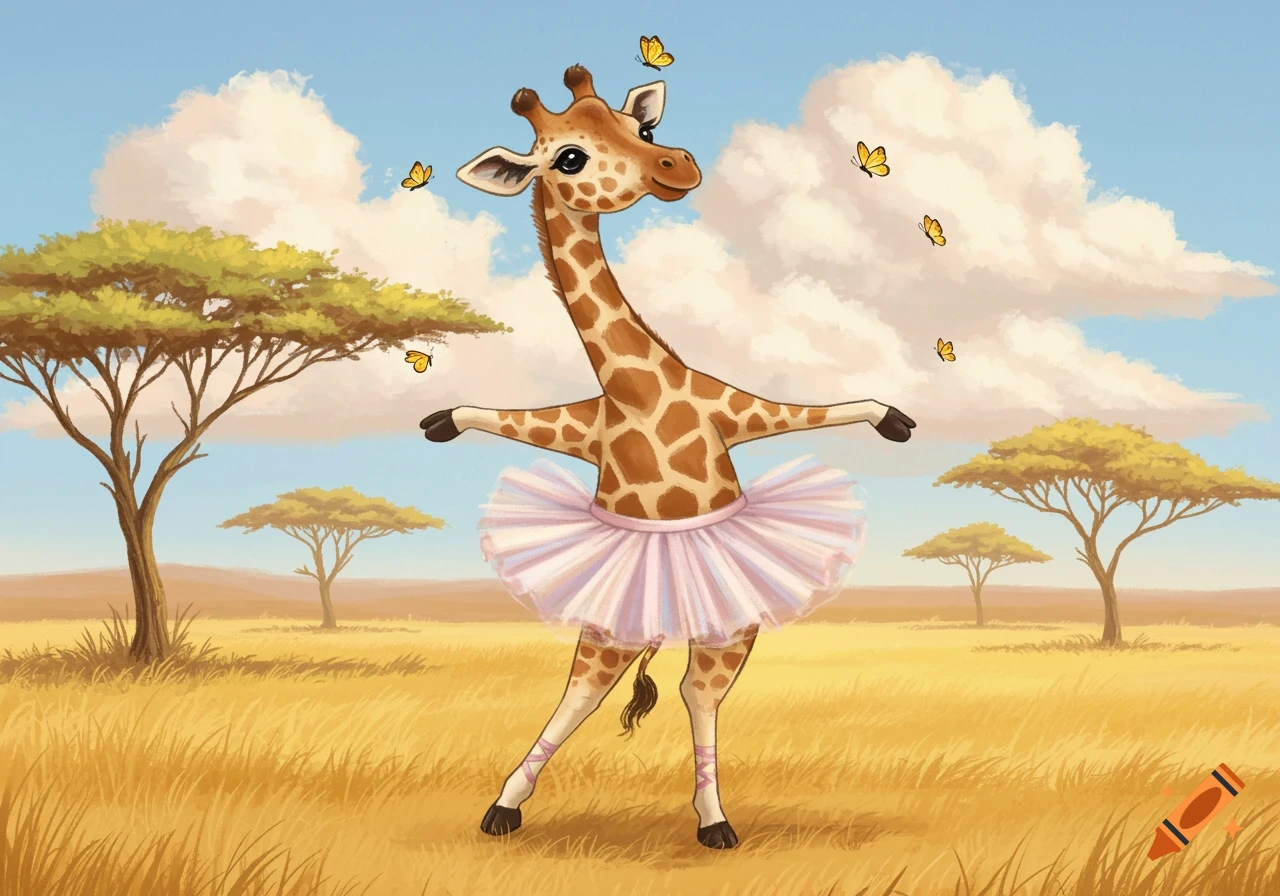 A cute cartoon giraffe wearing a pink ballerina skirt and ballet shoes, standing in a savanna field with acacia trees and butterflies flying around.