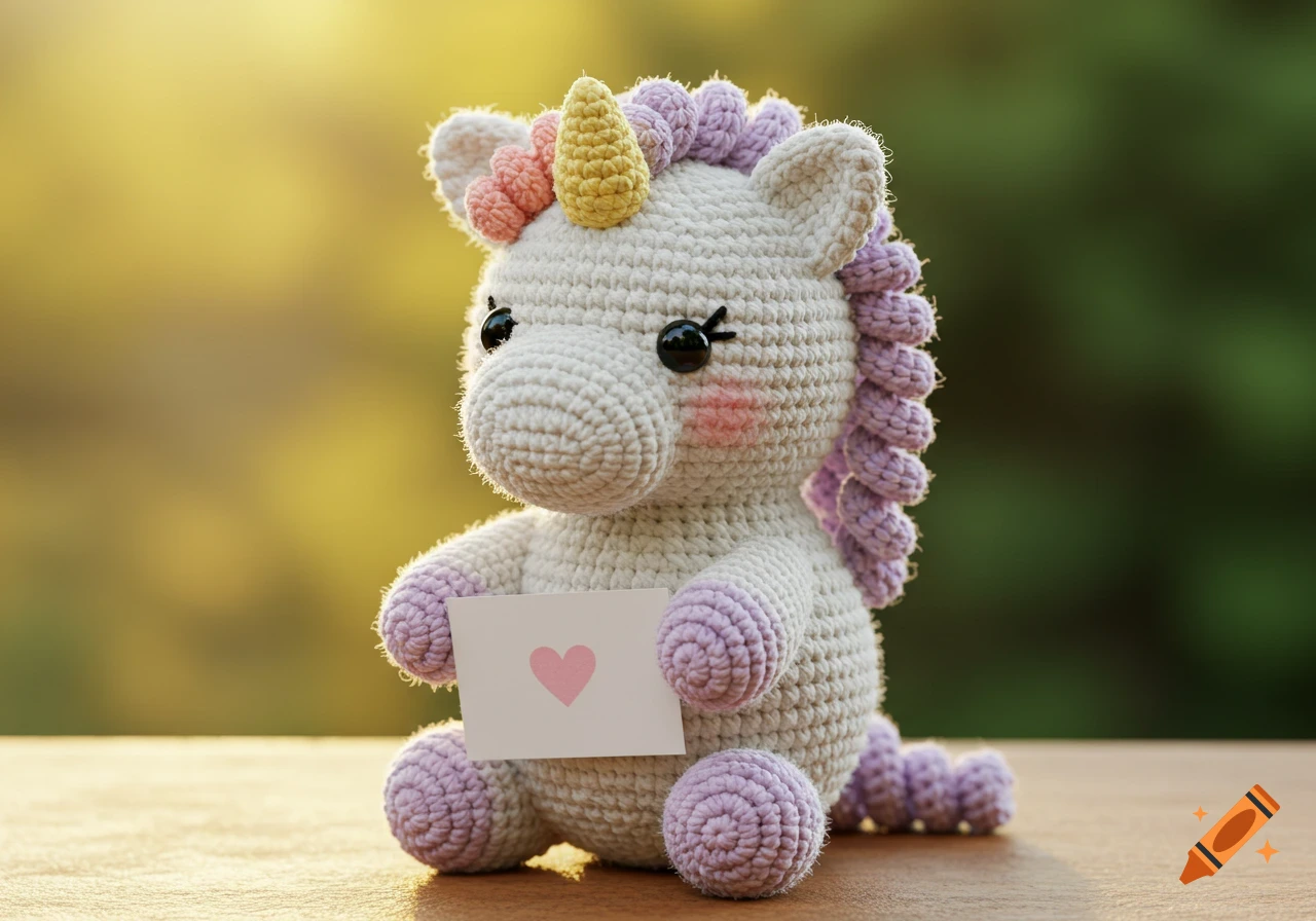 A close-up of a white crochet unicorn with a purple mane and horn, holding a small white card with a pink heart.