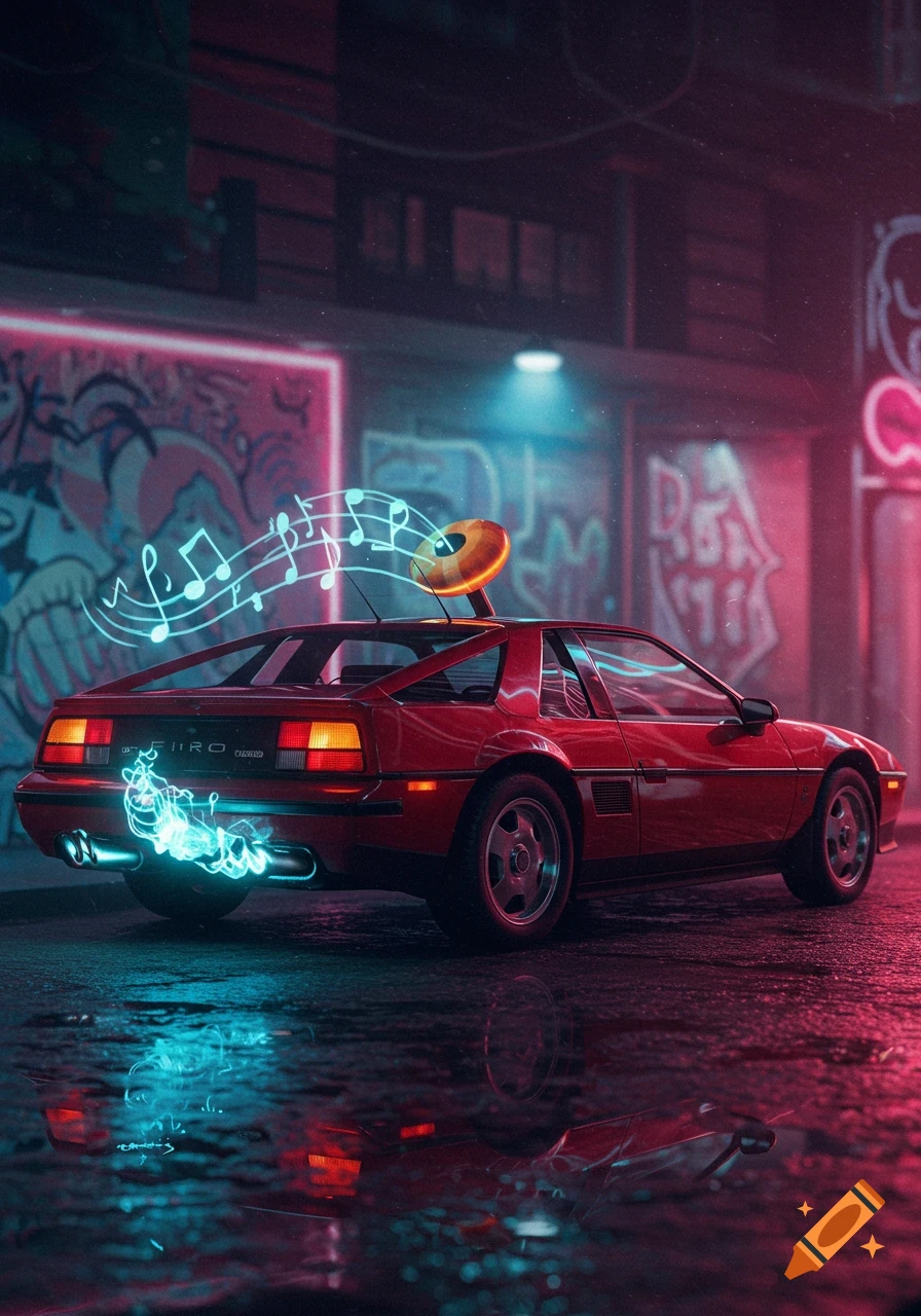 A red Pontiac Fiero parked on a wet street at night, with neon musical notes rising from a gramophone on its roof and blue glowing exhaust, against a backdrop of neon-lit graffiti walls.