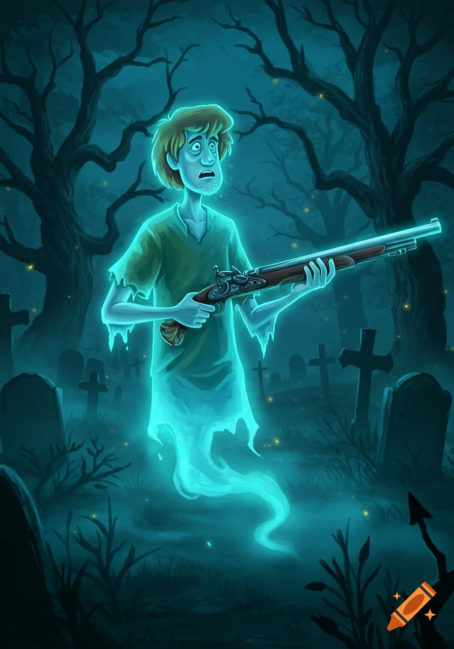 Shaggy as a glowing blue ghost holds a flintlock rifle in a spooky, dark graveyard with tombstones and bare trees.