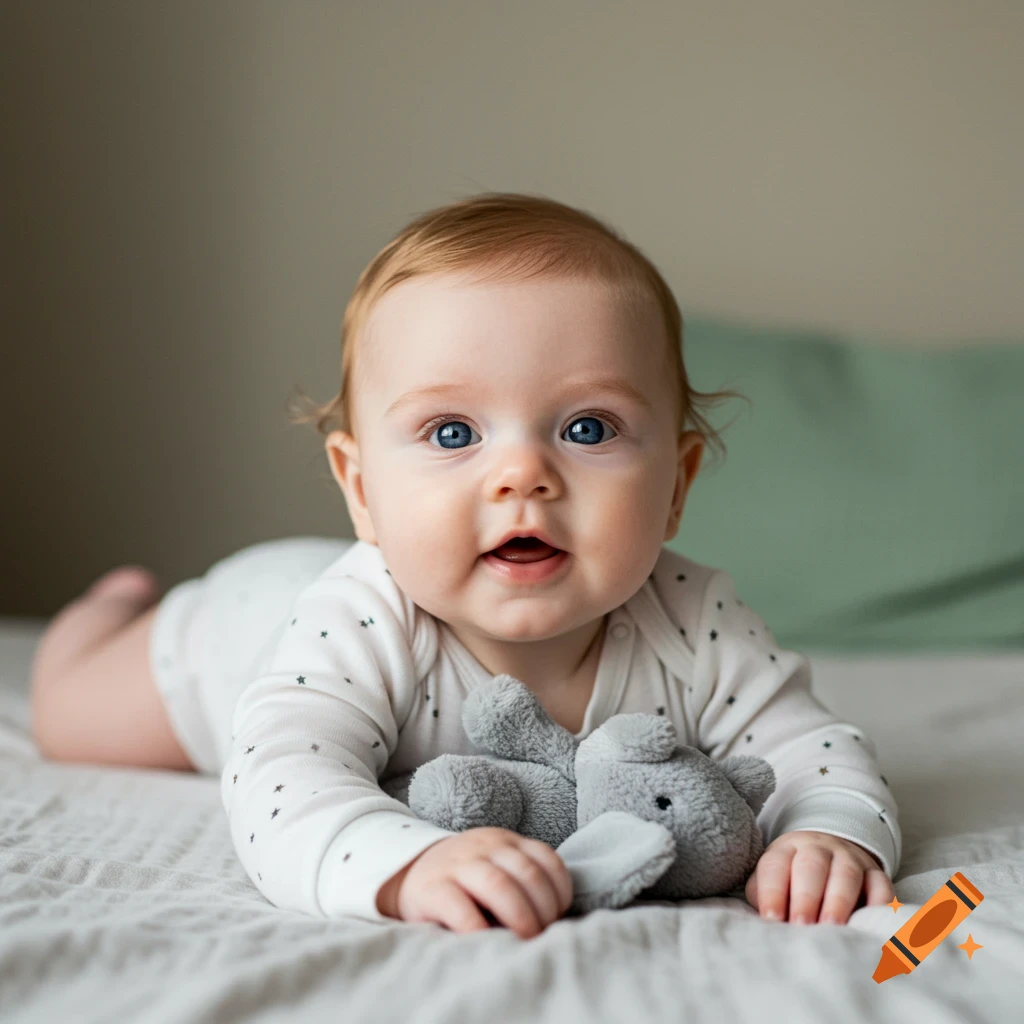 A smiling baby lies on a bed, holding a grey stuffed animal, looking directly at the camera. Photorealistic.