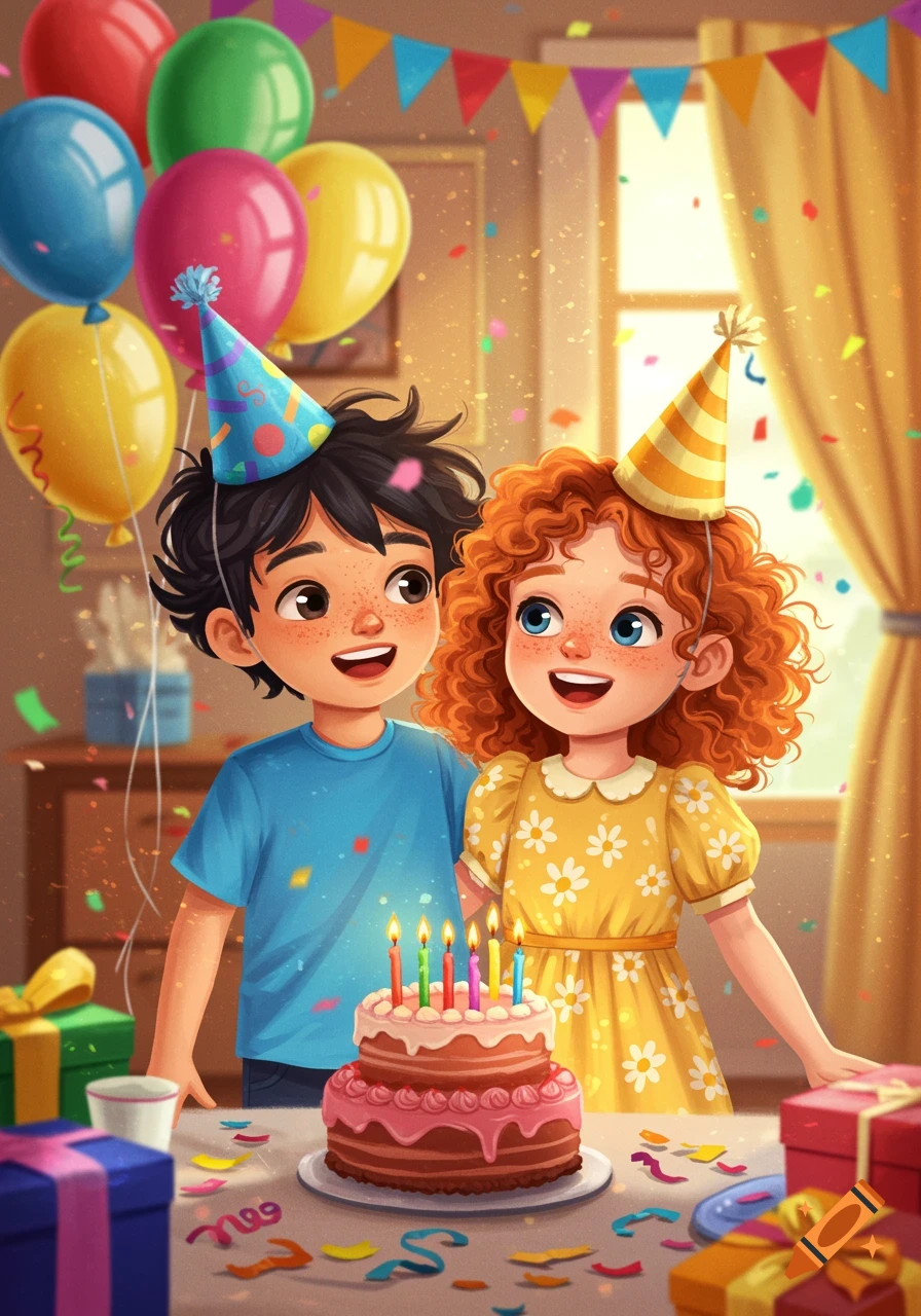 A happy cartoon boy and girl in party hats standing behind a birthday cake, surrounded by colorful balloons and confetti.