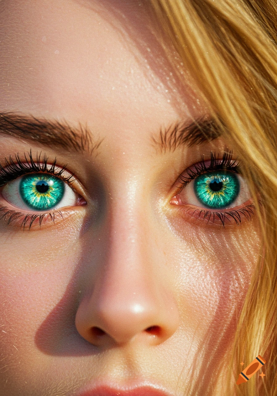 Close-up photorealistic portrait of a person with striking teal-green eyes and blonde hair.