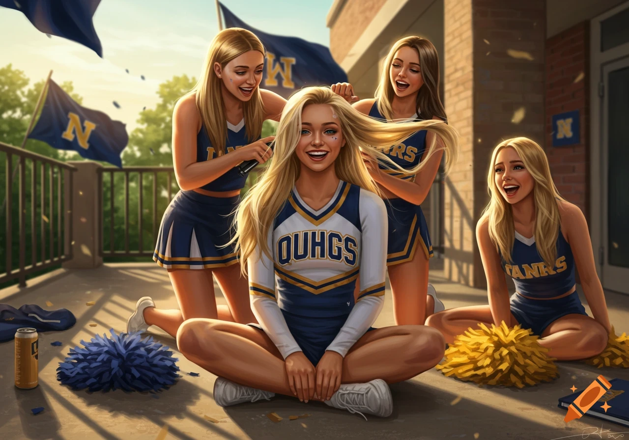Four blonde cheerleaders in blue and white uniforms on a sunny patio, one sitting center while two friends stand tending to her hair, and another watches happily. Pom-poms and a can are on the ground.