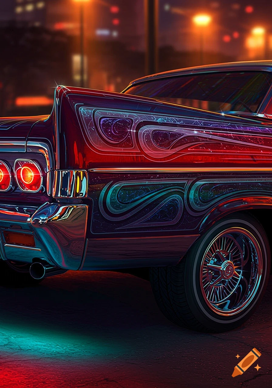 Rear view of a custom lowrider car with vibrant neon patterns and chrome details, parked on a street at night.